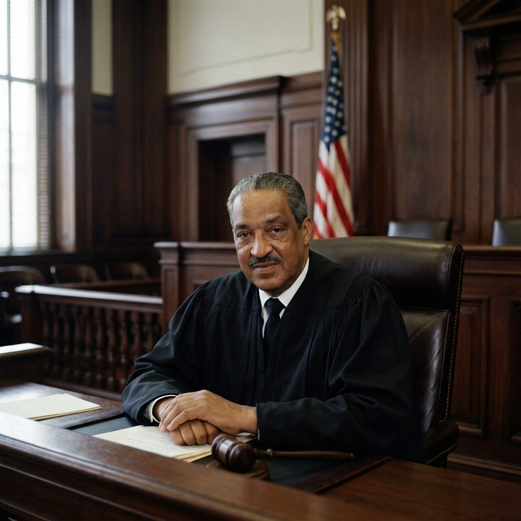 Judge in black robe sitting at courtroom bench with gavel and documents
