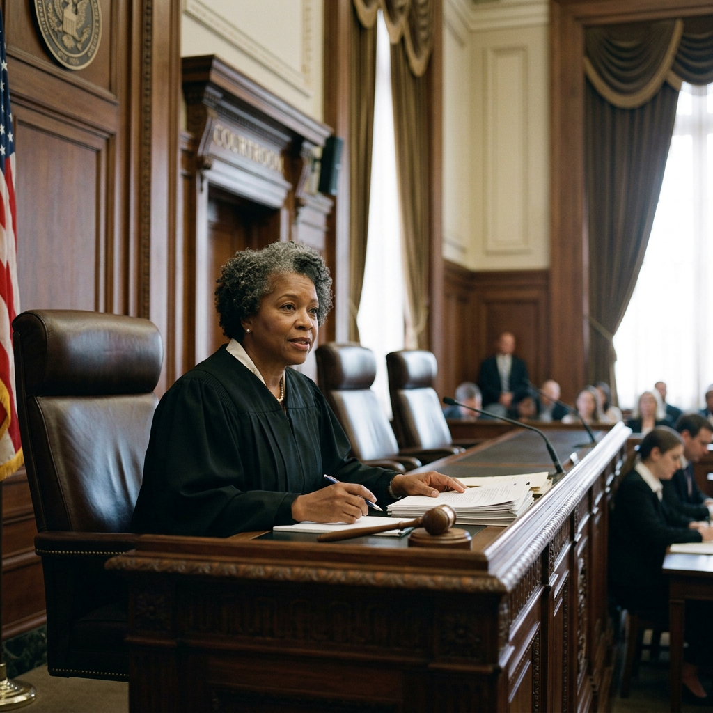 Judge seated at bench reviewing papers in courtroom