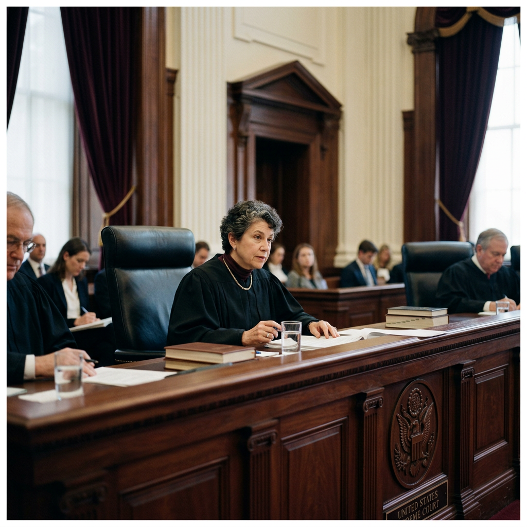 Three Supreme Court justices seated at bench reviewing legal documents in courtroom