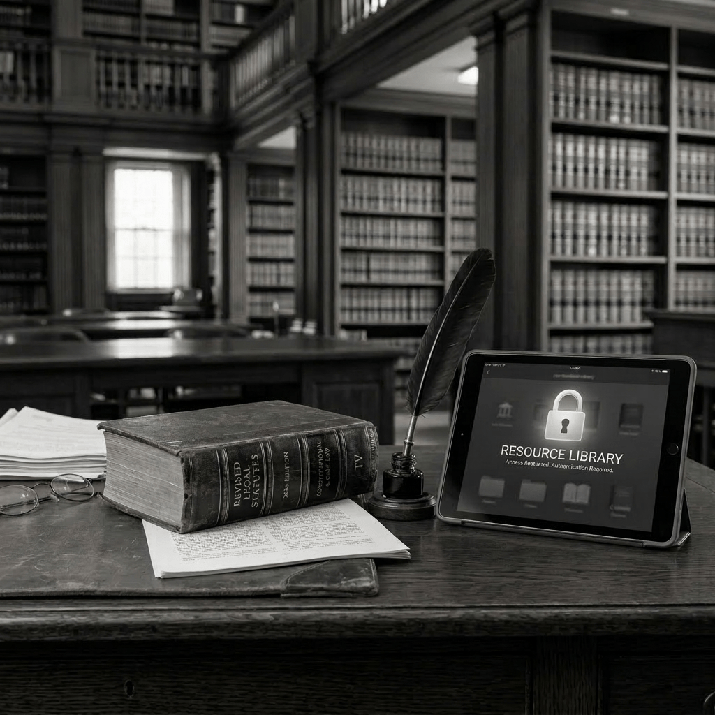 Old legal book, quill pen, and tablet showing resource library lock